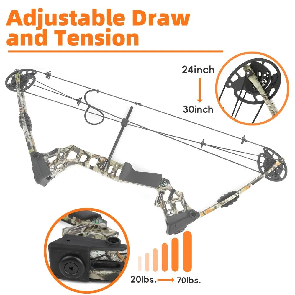 Archery Compound Bow with Spine 500 Carbon Arrows 20-70lbs Adjustable 320FPS High-Strength Alloy Handle RH/LH for Adults Beginners Hunting Shooting Target Practice Outdoor Sports Accessories