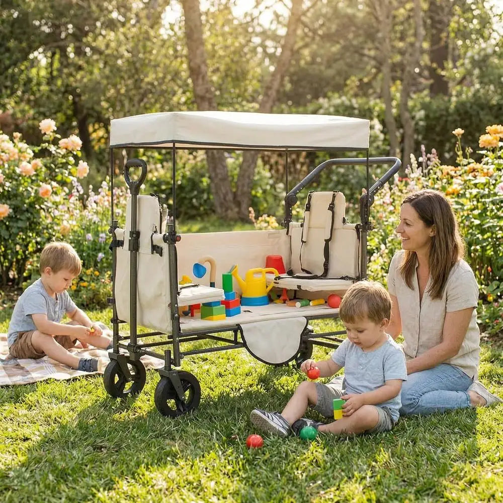 Collapsible Wagon Cart with Side-Opening Seat Conversion Design, oldable Utility Wagon with 2 Seats, Heavy Duty Wagon 265 lbs Lo