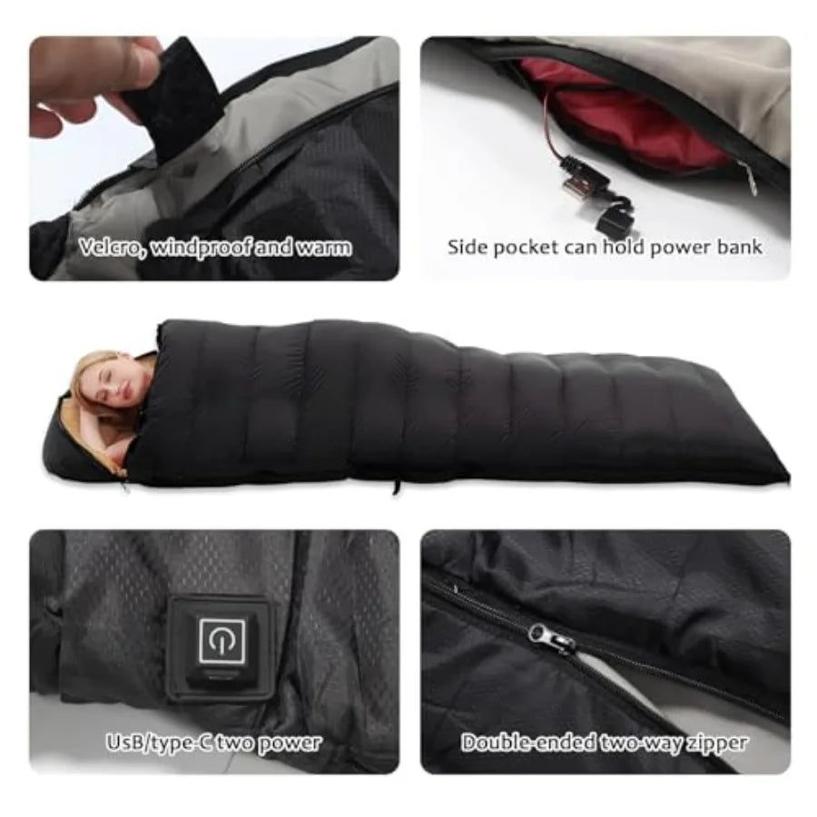 Heated - Portable USB Power Warm Sleeping Bag for Camping with 4 Heating Zones, Cold Weather Sleeping Bag for All Season Campin