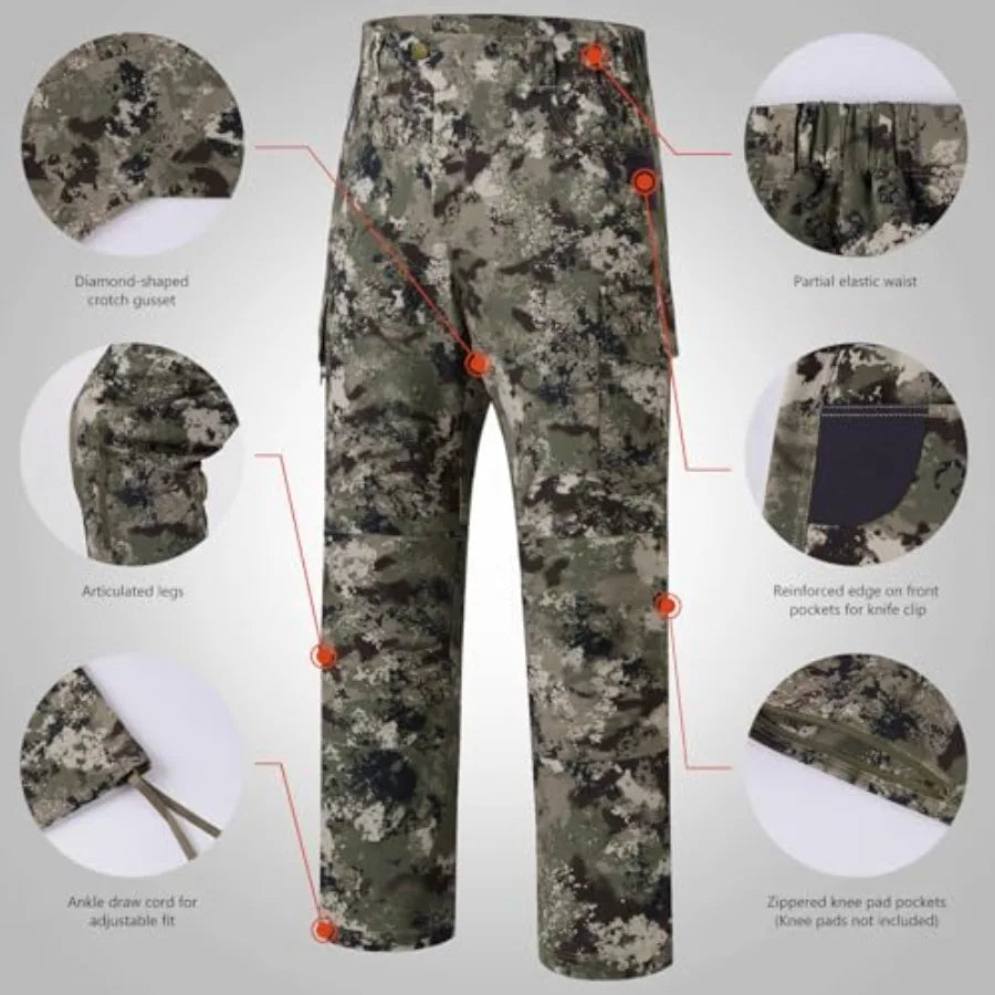 Hunting pants for men, stretch nylon blend, camo pattern, water-resistant finish