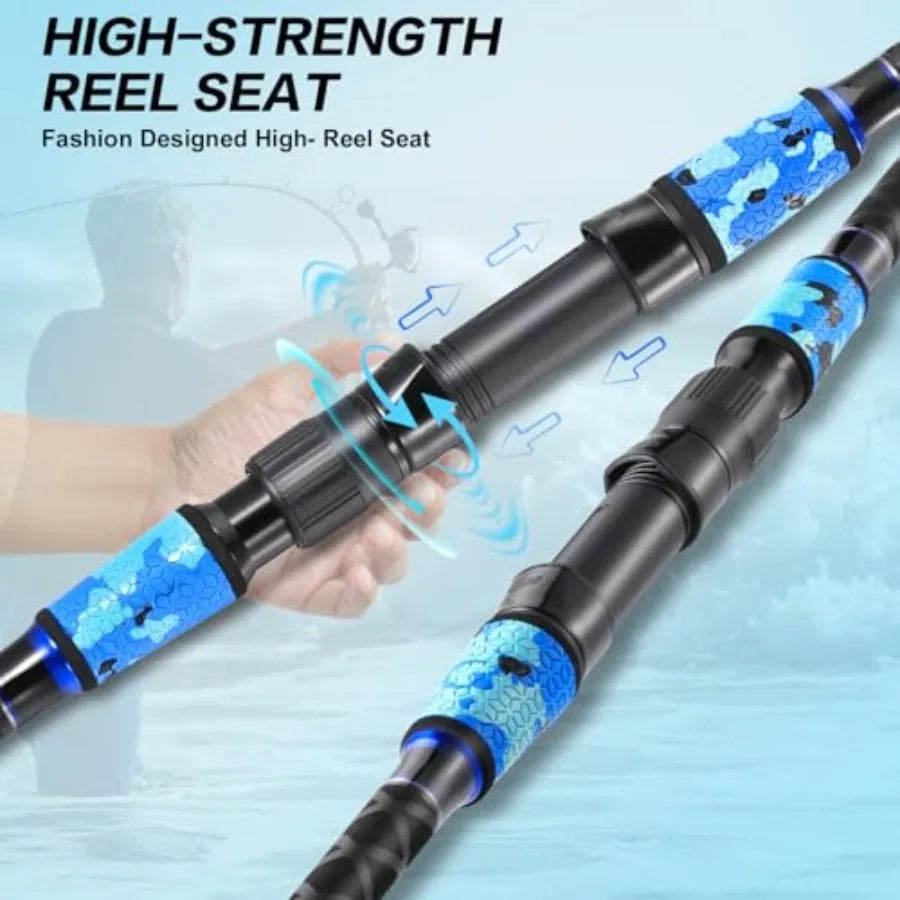 Surf fishing rod for travel use, carbon fiber material, black color, 4-piece portable design with MH/H power and 10'/11'/12'/15