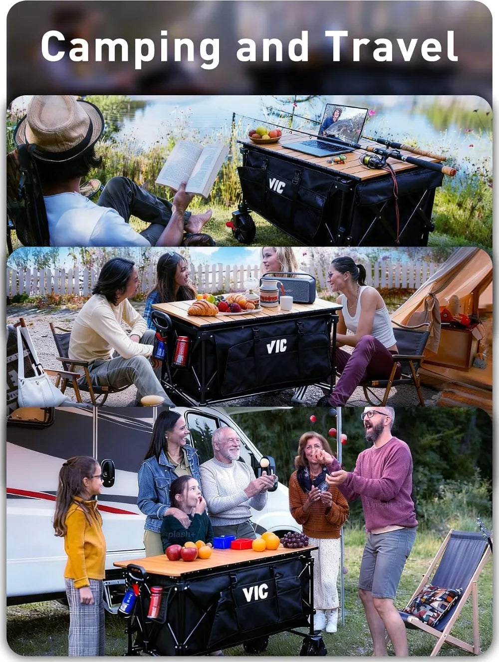 680lbs Super Cart & Table 1=5 Set, 480L Capacity, 54" Extra Long Folding Wagon, Heavy Duty with Brakes, All-Terrain Wheels for Camping, Shopping