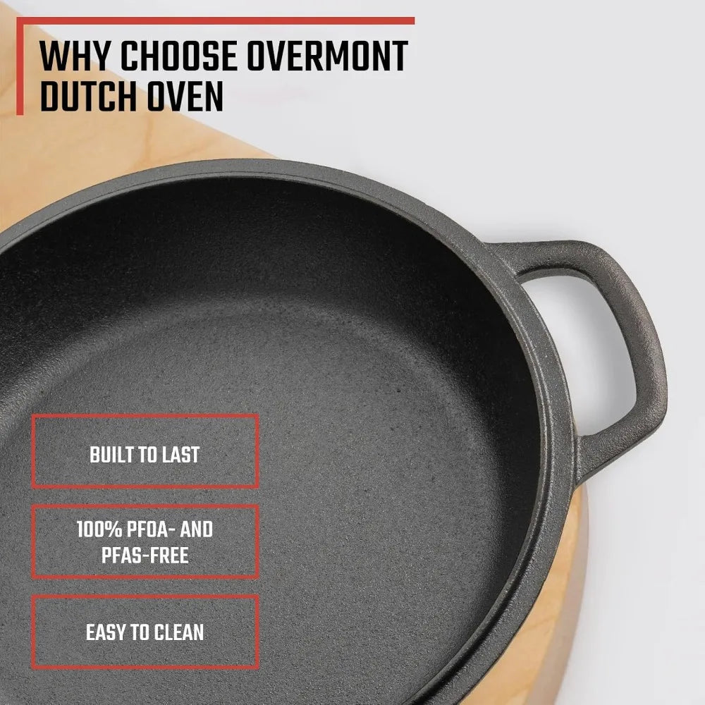 2-In-1 Pre-Seasoned Cast Iron Dutch Oven & Skillet Lid, Heavy Duty Pot with Handle Covers, for Sourdough Baking, Frying, Camping