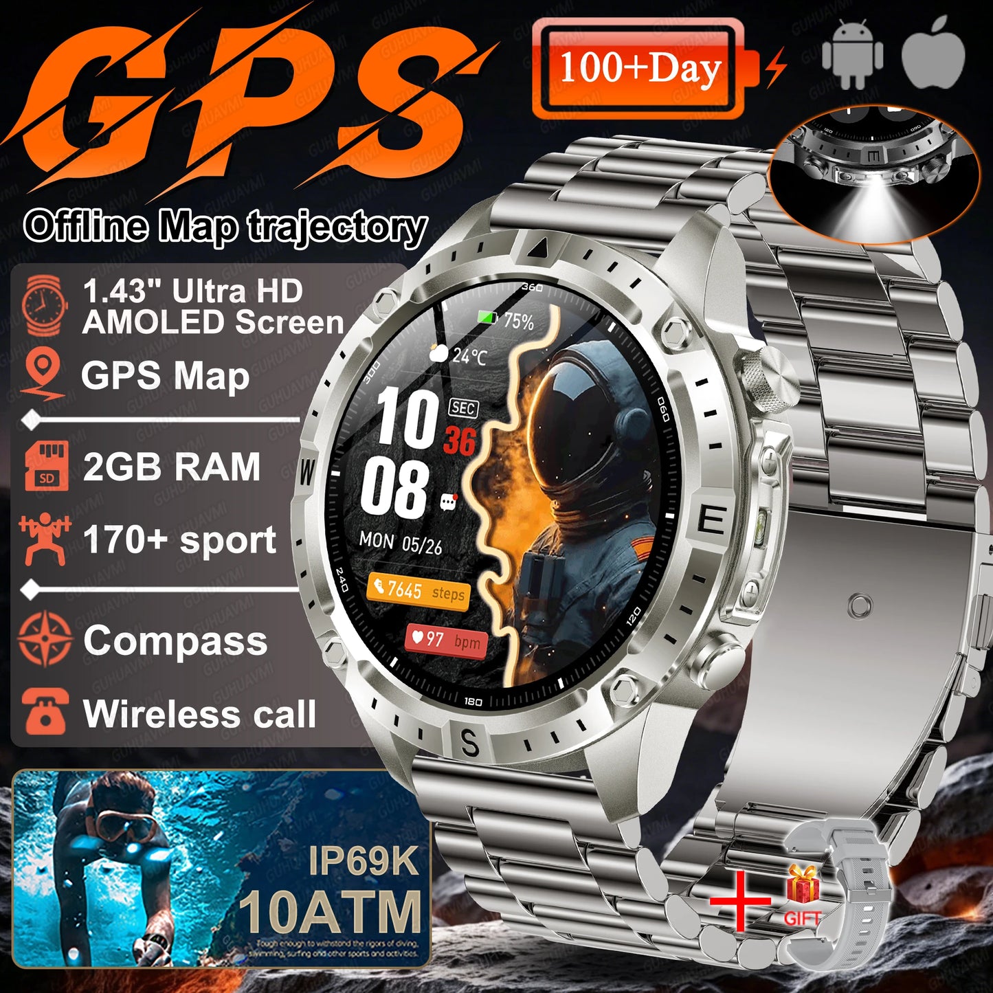 2026 NEW Outdoors Offline Map GPS Smart Watch L1+L2 Dual Band GPS Compass Cycling Run Swim Heart Rate 10ATM Military Smartwatchs