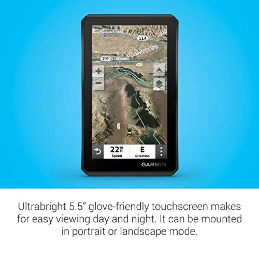 Off-Road Navigator for Powersport use, rugged polymer housing, black finish, 5.5 sunlight-readable display with topographic map