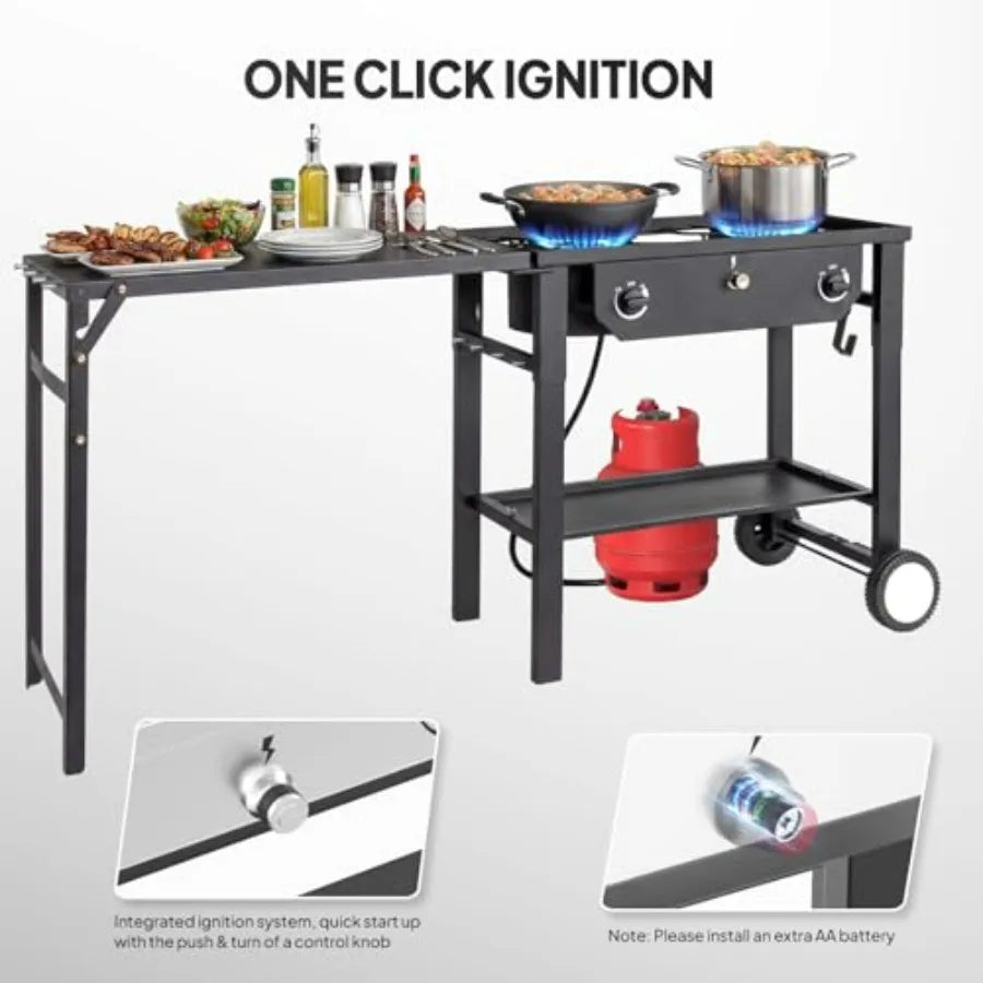 Outdoor propane stove for backyard patio cooking BBQ, stainless steel, black, 150, 000 BTU with auto ignition, work station, wh