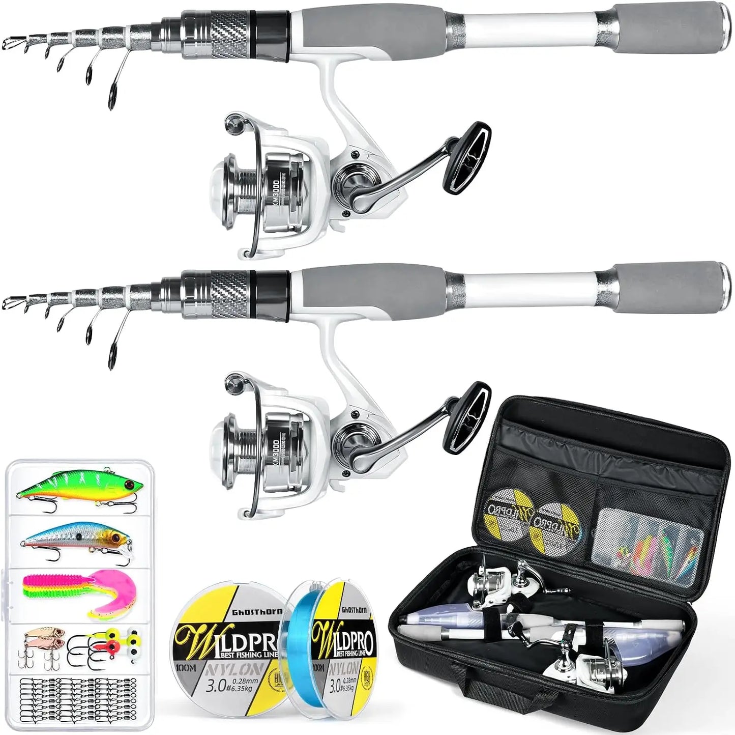 Carbon Fiber Telescopic Fishing Rod & Reel Combo with Carrier Bag and Lures - Saltwater Freshwater