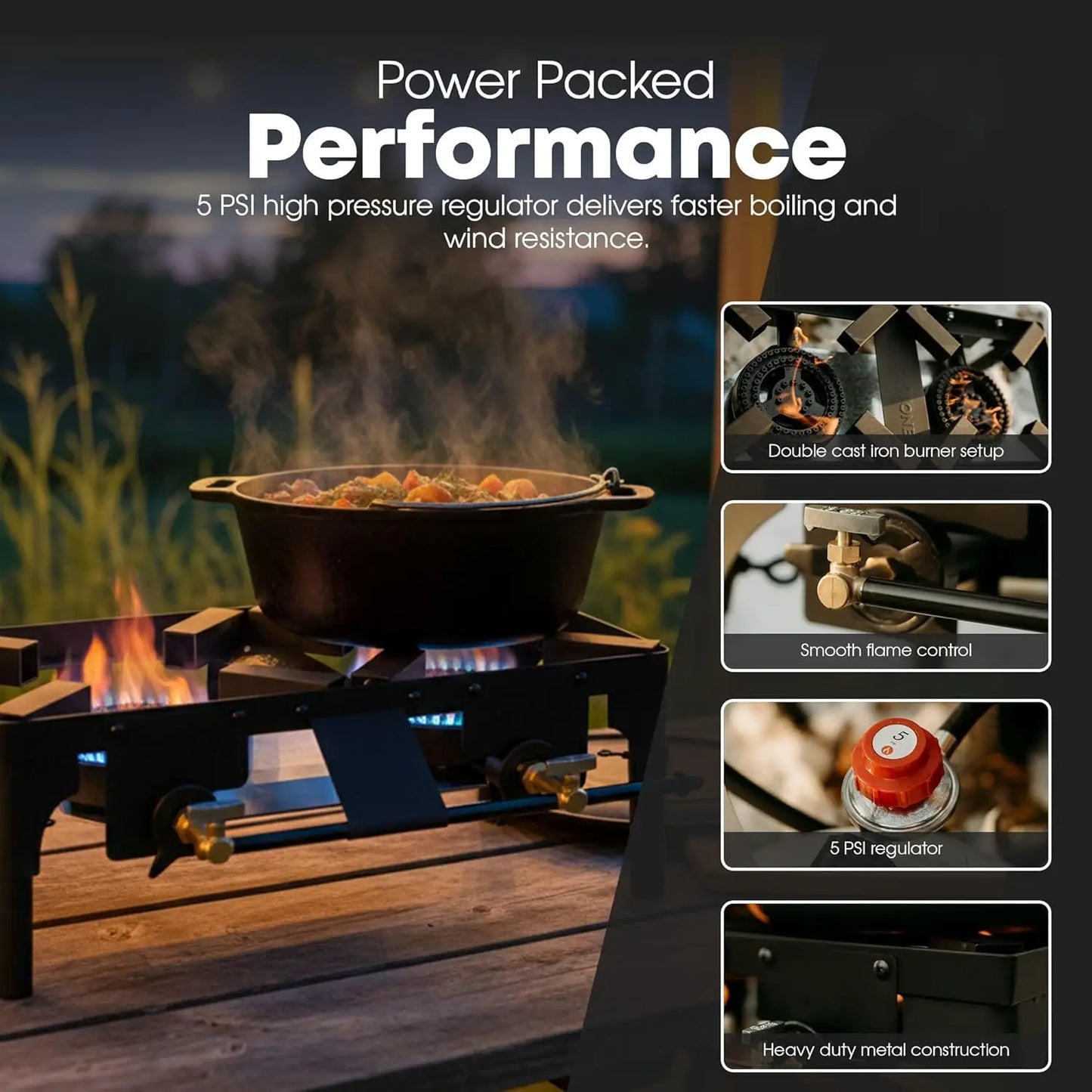 Double Propane Burner Camping Stove, Adjustable Height 4-Tier Legs, Cast Iron Portable Gas Stove for Outdoor Cooking