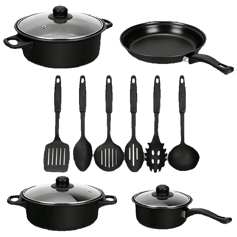 13PCS Nonstick Cookware Set Cast Iron Pots and Pans with Glass Lids Kitchen Cooking Set for Camping Travel