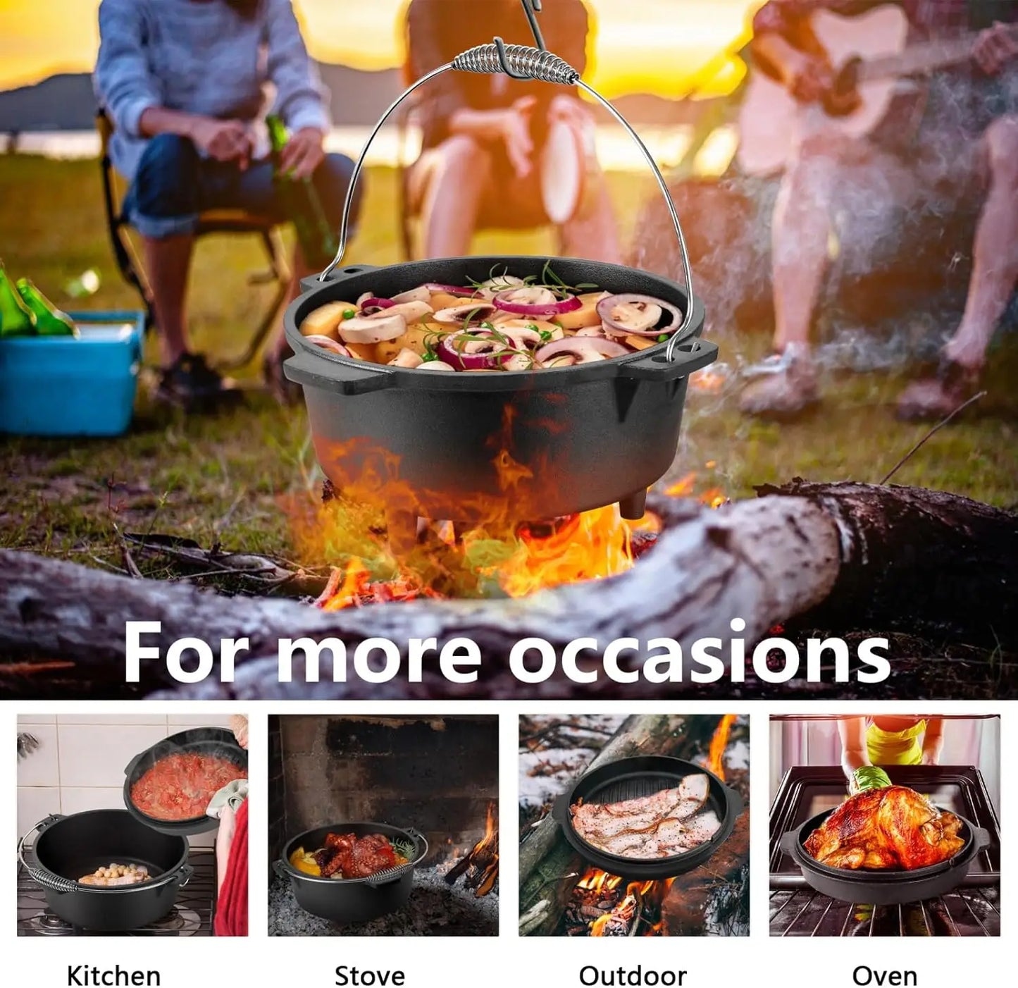 Cast Iron Dutch Oven 7 QT, Pre-Seasoned 2-in-1 Deep Pot & Lid Skillet Pan for Camping Baking, Heavy Duty with Bracket and Lid