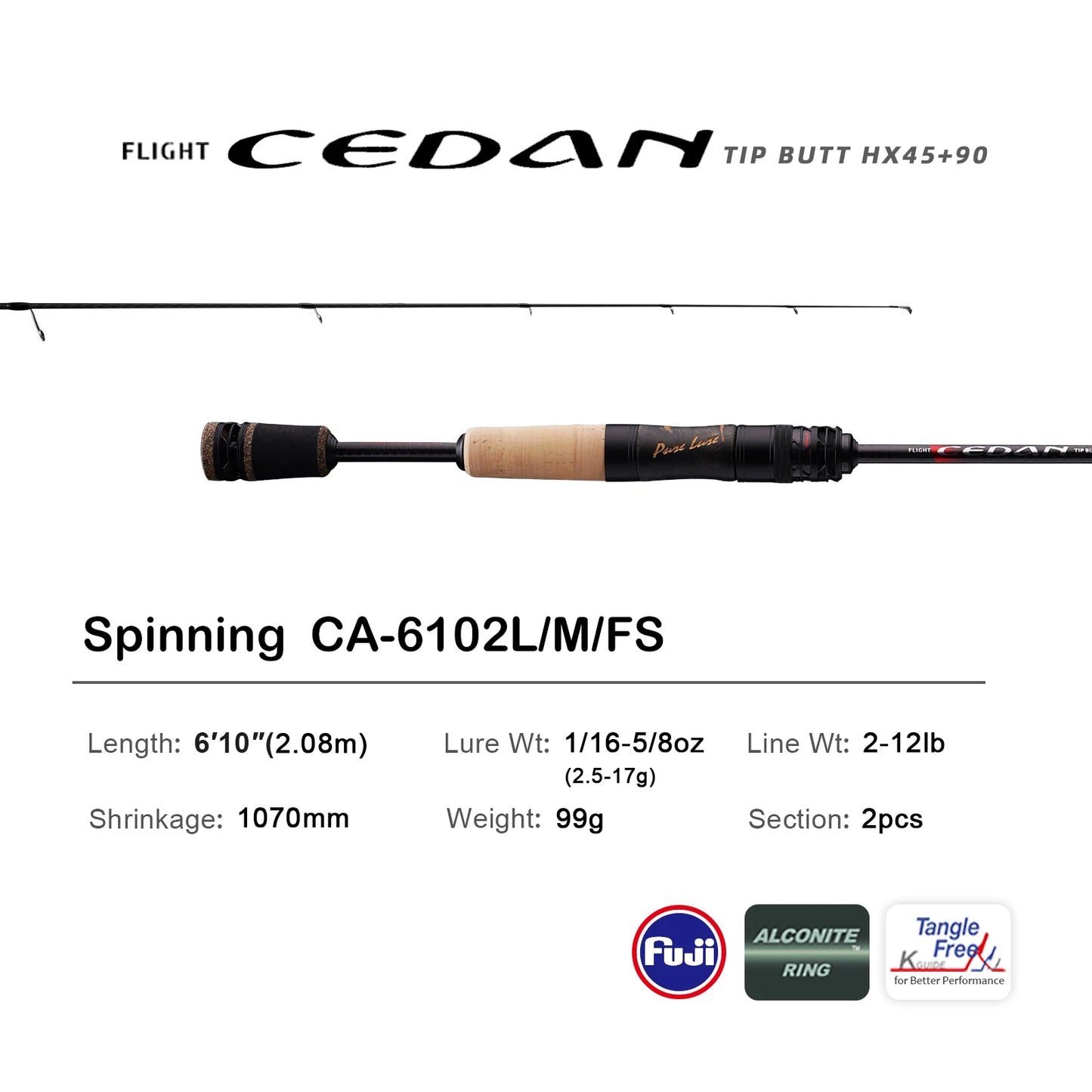 PURELURE Flight CEDAN 5'9''-6'10'' Bass Rod Spinning & Baitcasting 2 pcs 40T+36T Carbon Fiber Progressive Action Fishing Rod L to M Power Solid Tip Dark Oak Reel Seat FUJI Alconite/SIC Guides