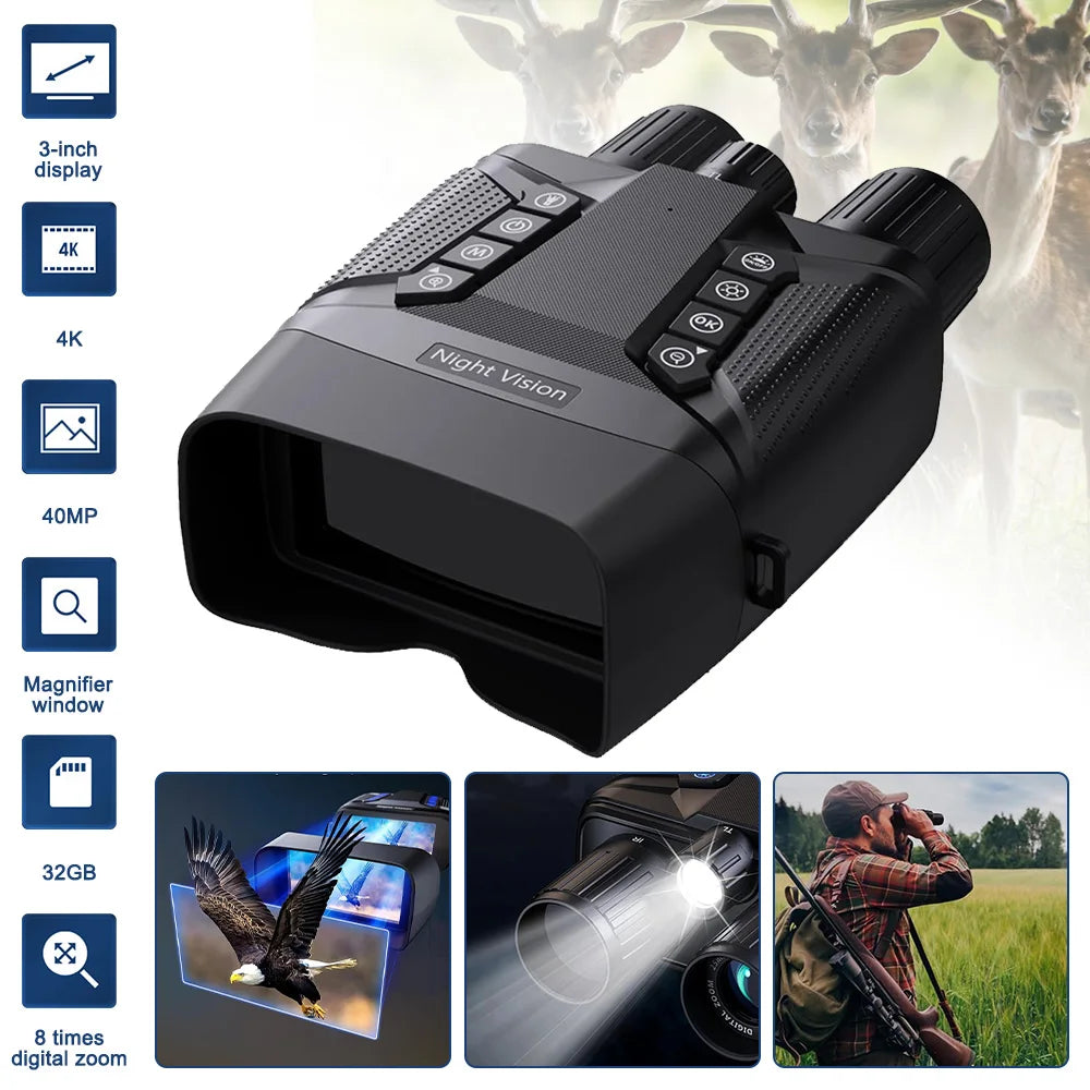 Ponbos CZ080 4K UHD Tactical Binocular Telescope 40MP 8X Digital Zoom 600M Infrared Binoculars Night Vision for Hunting Camping