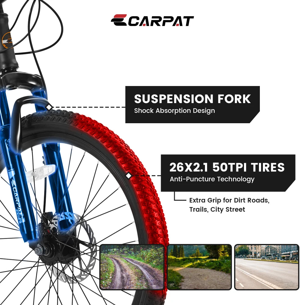 26 Inch Mountain Bike for Adults & Teenagers, 21 Speed Smooth Shifting System, High-Carbon Steel Frame, Front & Rear Mechanical Dual Disc Brakes, Front Suspension All Terrain MTB Bicycle