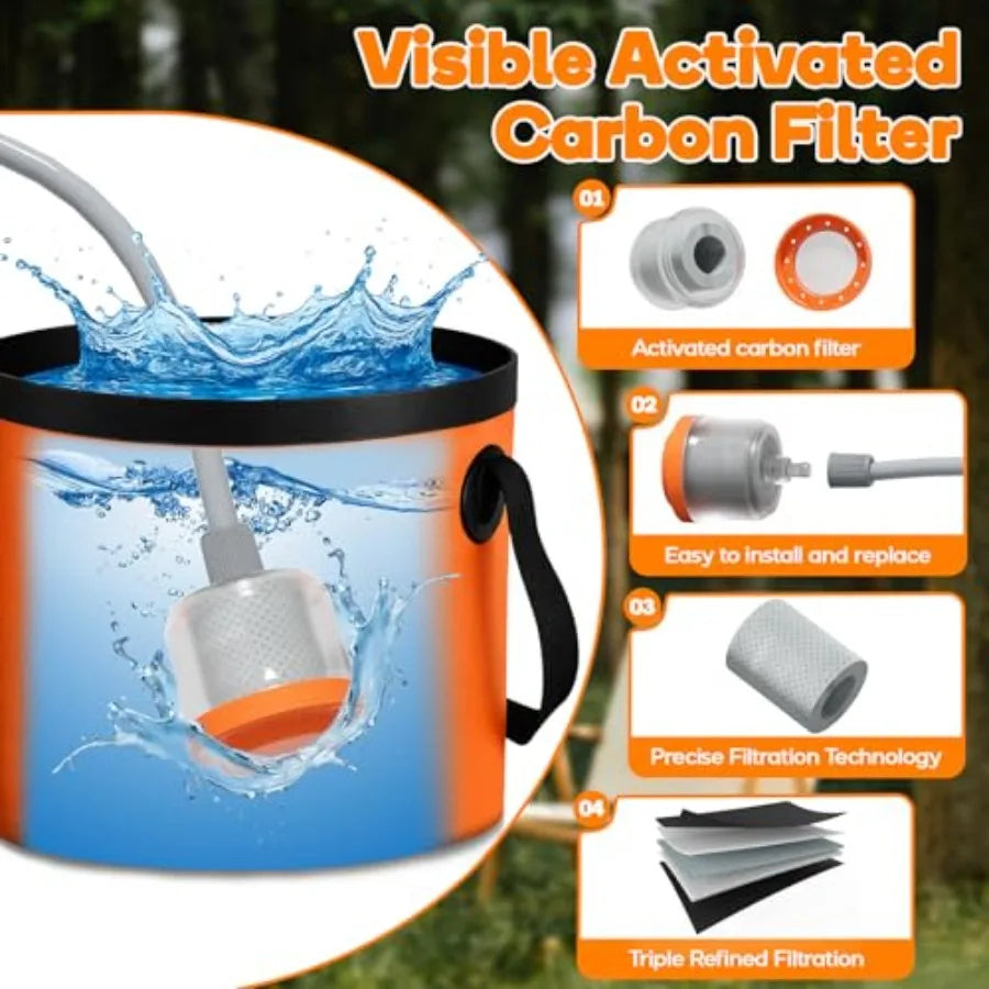 Portable Camping Shower Shower Head with LED Light Camping Shower Pump with Carbon Purification Foldable Bucket Summer Beach Ou