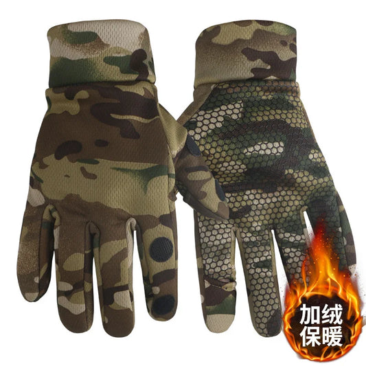 Tactical Camouflage Gloves with Thick Velvet for Outdoor Training, Warm Riding, Motorcycle Full Finger, Male Palm, Winter Riding