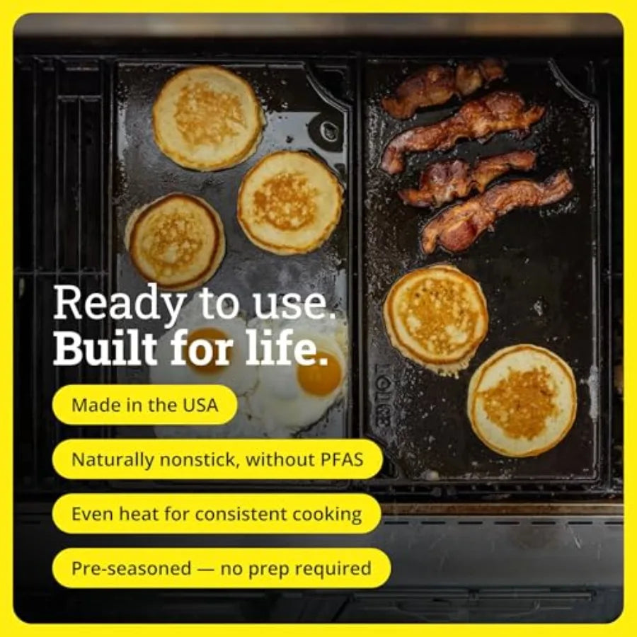 Reversible Cast Iron Grill/Griddle Pan 16.75 x 9.5 - Pre-Seasoned Dual-Sided Double Burner for BBQ, Eggs, Pancakes, Burgers - P