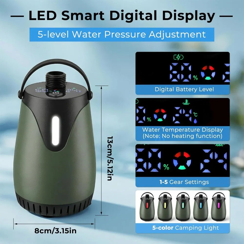 Portable Camping Shower Kit with 5 Gallon Water Jug, 8000mAh Rechargeable Pump, IPX8 Waterproof, 5 Pressure Modes, BPA Free for Camping, Hiking, Beach, Pet Bathing, Car Washing