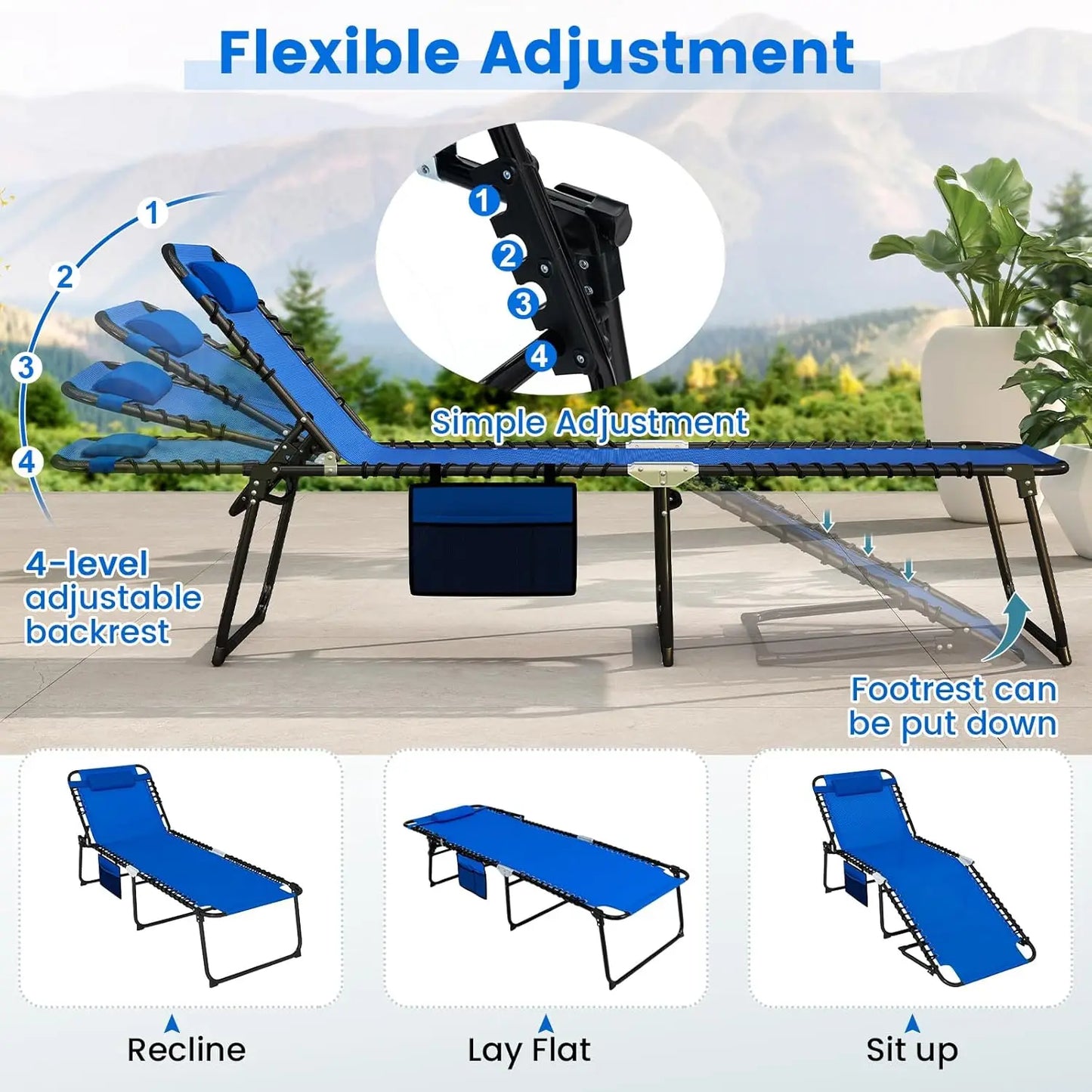 Extra Wide 5-Position Adjustable Tanning Chaise with Pillow Side Pocket 27in Patio Pool Outdoor Custom