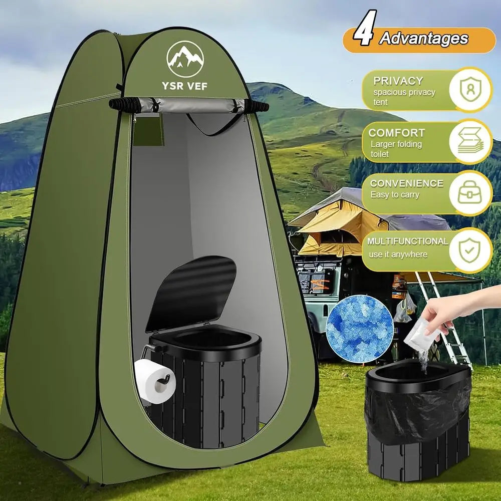 Portable Toilet Kit, Camping Toilet with Pop-Up Privacy Tent and Poo Gel Toilet Bags, Washable Portable Outdoor Showers Changing