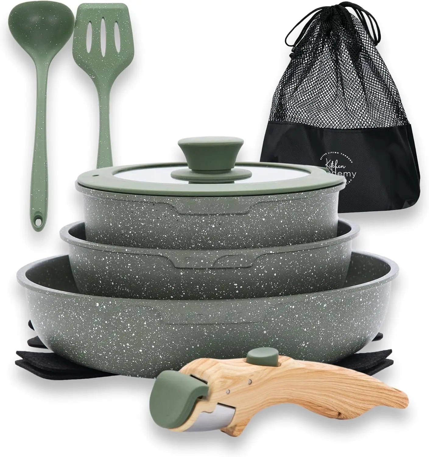 10 Piece Non Stick Camping Cookware Set with Detachable Handle, Stackable Pots and Pans for RV, Induction Compatible, Green Granite