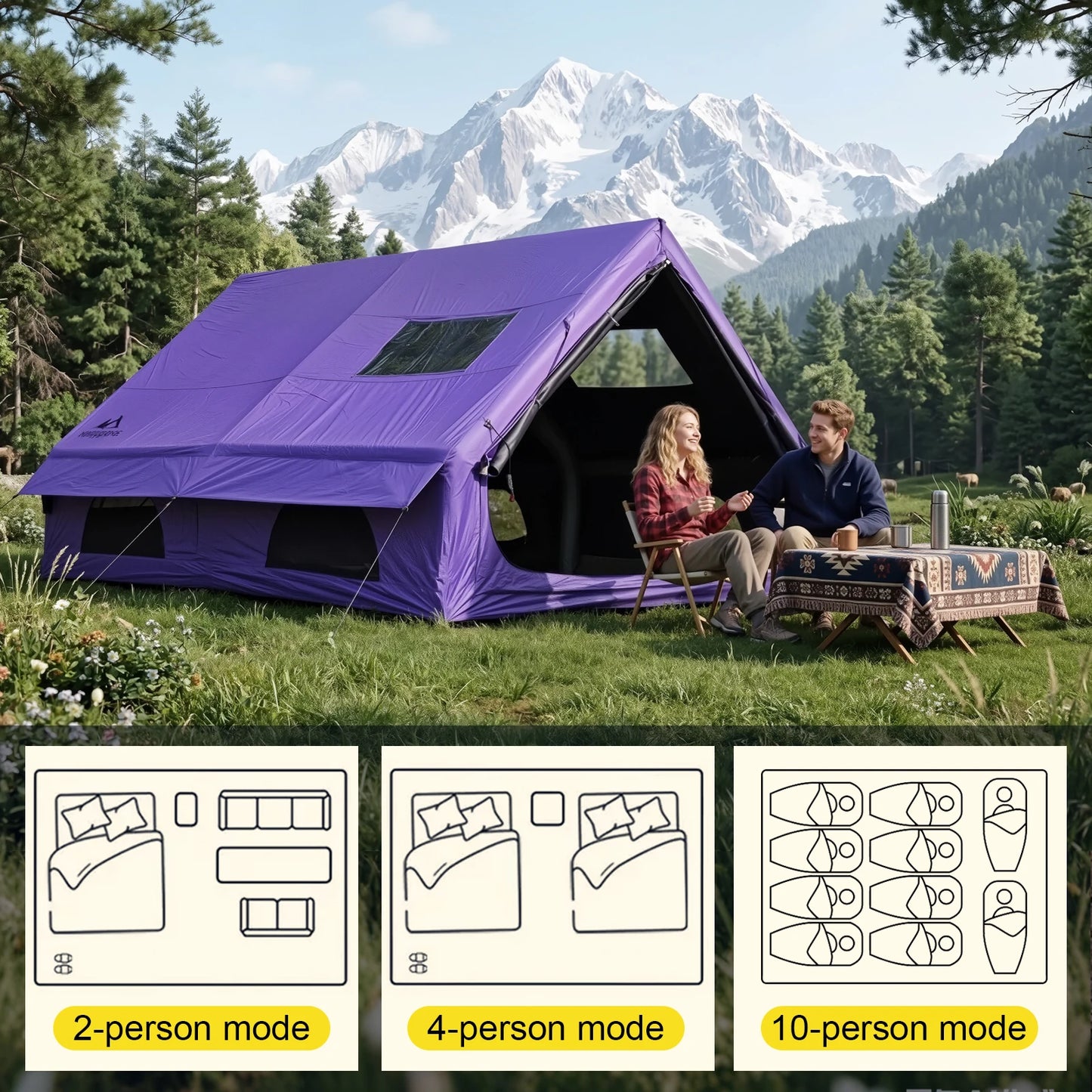 SENLEETO Black-out Inflatable Camping Tent 6-8 Person,Large Sunproof Blow up Tent with Skylight&Mesh Window,Glamping Tent House with Stove Jack AC Vent for Outdoor Camping