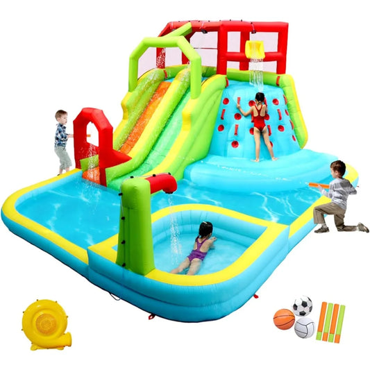 Garden Furniture Inflatable Water Slide Park with Splash Pool Climb The Wall, 3 Inflatable Sport Balls and 4 Water Guns, Water S