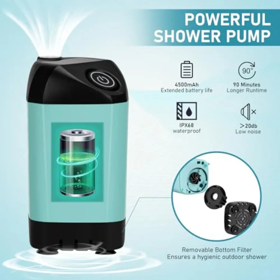 Outdoor camping shower tent: portable pop-up privacy tent with LED lights, 4500mAh rechargeable pump, filtered shower head, 7.4