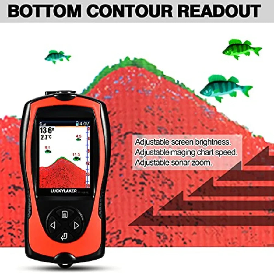 Kayak fishing portable display fish finder with handheld transducer, white ABS plastic housing, 5-inch LCD screen, depth sensin