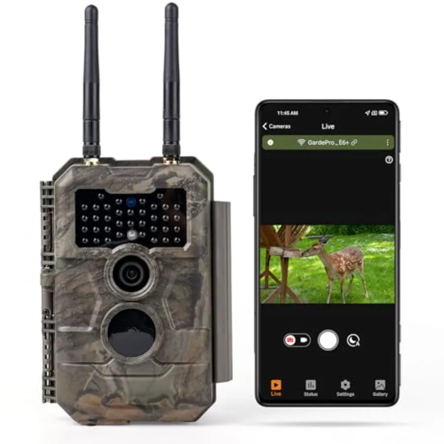 Wildlife monitoring trail camera, E6+ WiFi model, black, 64MP resolution with dual antennas and 165 ft WiFi range, no-glow nigh