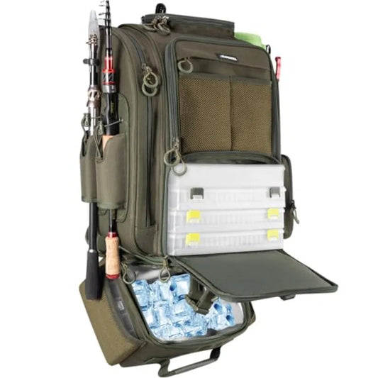 Large Fishing Backpack with Cooler for 3 Tackle Boxes - Fishing Bag with Rod Holders for Camping and Hiking