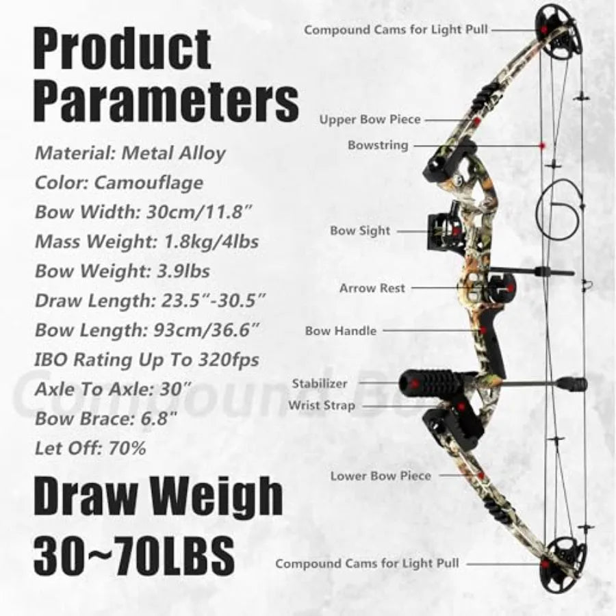 Compound Bow Kit Adjustable for Outdoor Use Target Practice 20-70lbs Archery Set with Carbon Arrows and Accessories