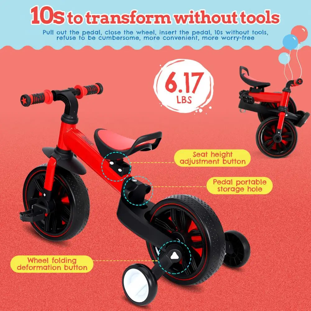 Kids Balance Bike 2-5 Years 6 in 1 Folding Push Bicycle with Training Wheels Pedals Brakes Kickstand for Boys Girls