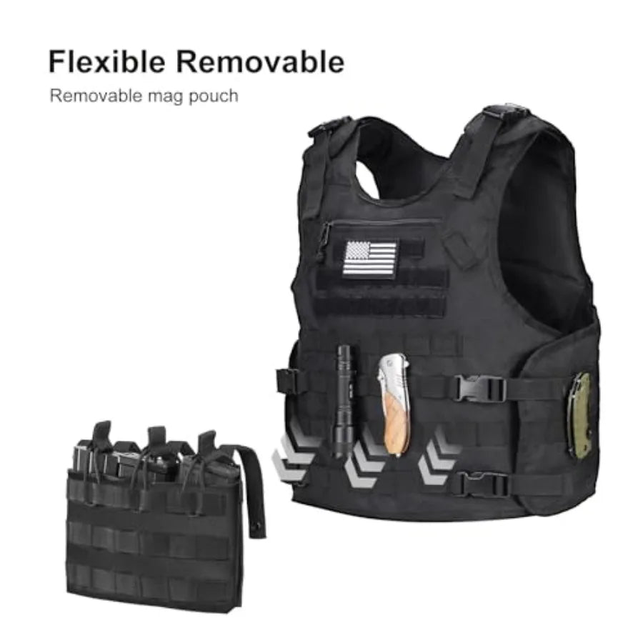 Outdoor Vest with Zipper Bag Adjustable Quick Release Molle Vest with Three Removable Mag Pouches Outdoor Vest Black