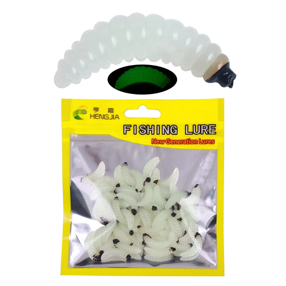 50Pcs 24mm Maggot Grub Soft Fishing Lure Smell Worms Fishing Lures Bionic Maggots Shape Bait for Freshwater Seawater