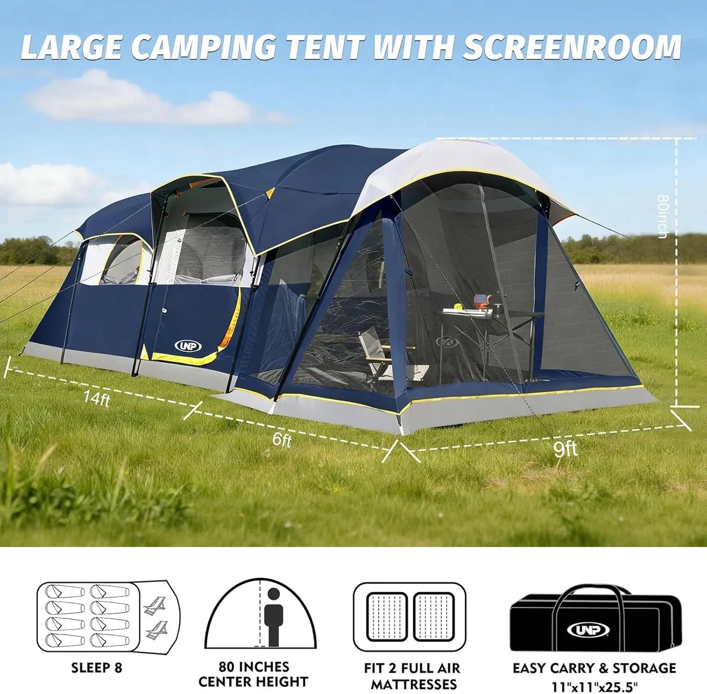 8 Person Camping Tent with Screen Porch, Waterproof Tunnel Tent for Family Outdoor Camping, 20' x 9' x 80in