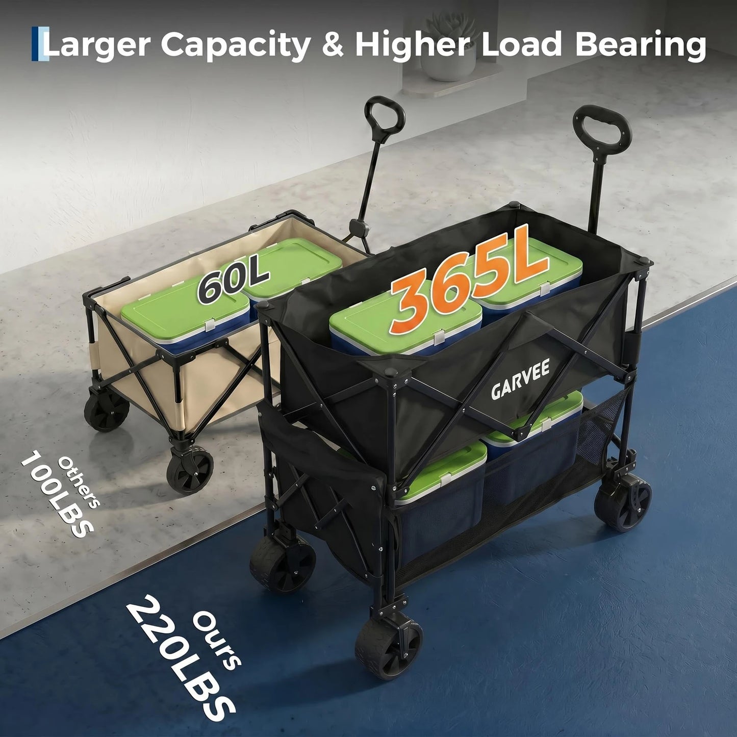 Collapsible Wagon Cart 220lb Foldable Utility Wagon With Canopy 120L Expandable Storage Cup Holders For Camping Beach