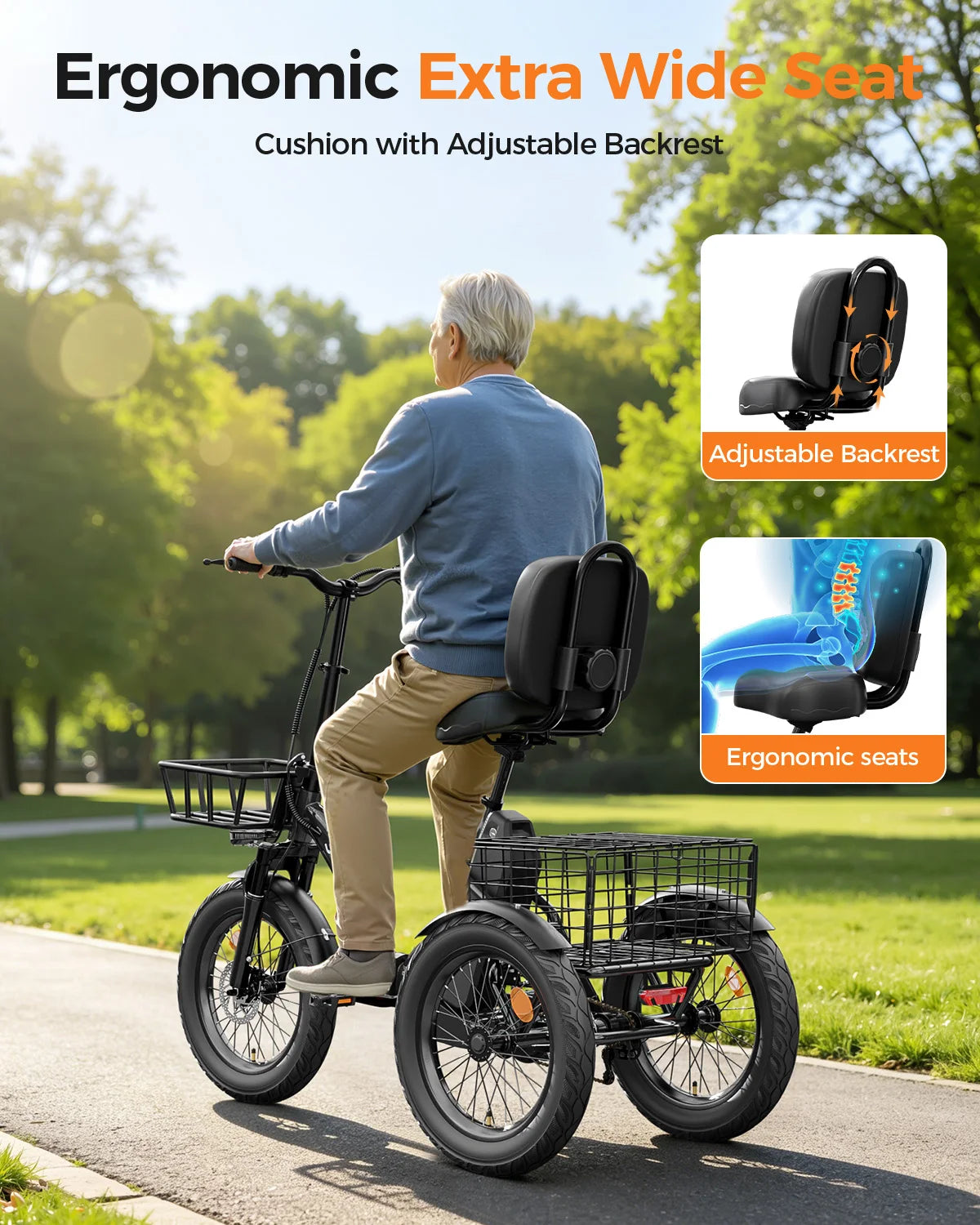 Spacewalk 1200W Peak Electric Trike for Adults, 48V 15Ah Battery 3 Wheel Electric Bike with 60 Miles Range, 18×3.0 Fat Tires, Dual Disc Brakes, Rear Cargo Basket, Adjustable Comfort Seat, Folding E Tricycle for Seniors-Black