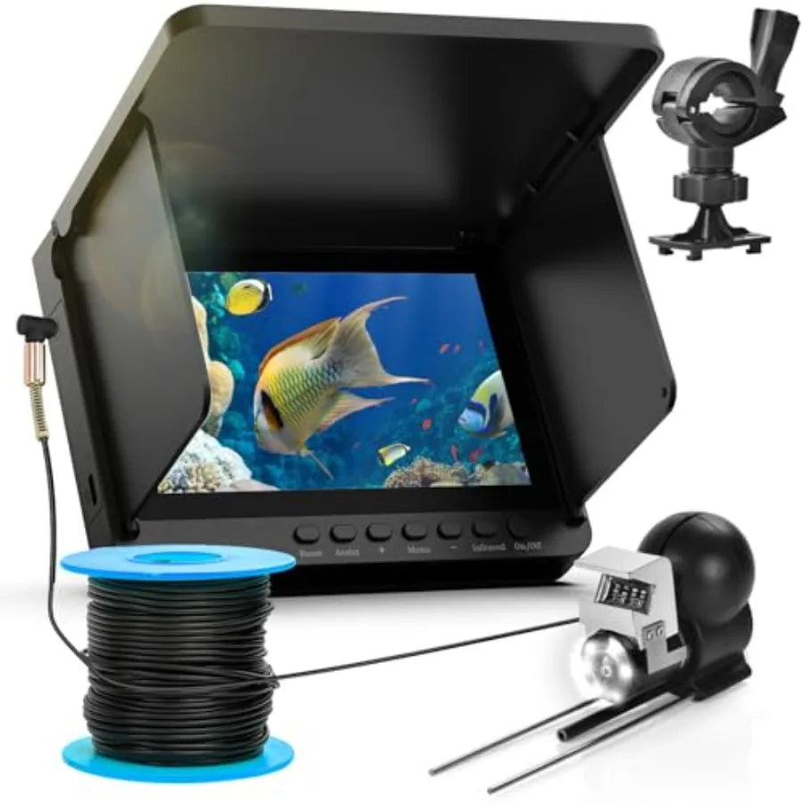 Boat fish finder with 5 IPS display, 1080 HD underwater camera, 220 wide angle, IP68 waterproof housing, 30M depth rating, 8 IR