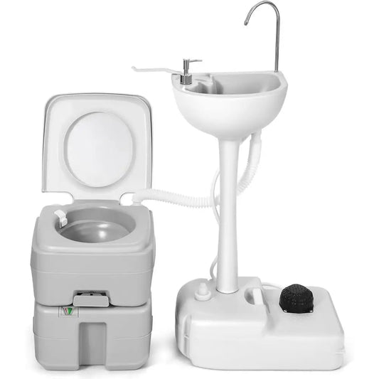 17L Portable Sink for Washing Hands and 5.28 Gallon Portable Toilet, RV Camping Toilet With Level Indicator & Rotatable Spout fo