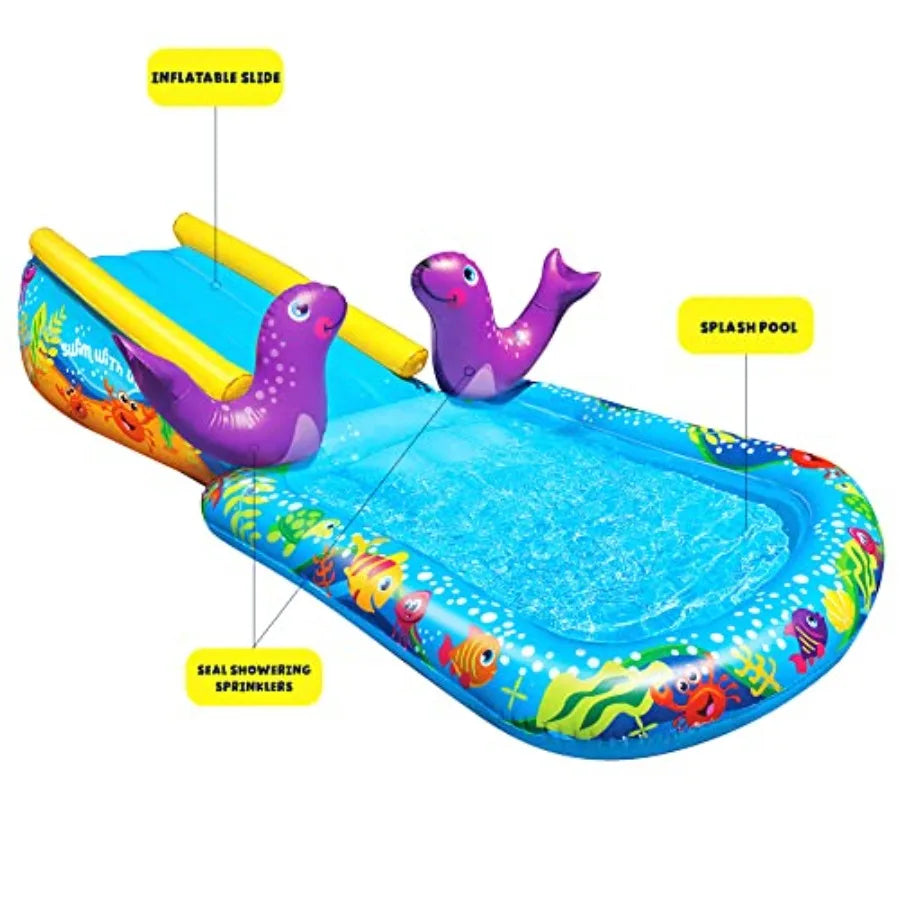 My First Water Slide for Outdoor Pool Inflatable Water Park with Blue and Yellow Design Durable PVC Material Easy to Set Up and