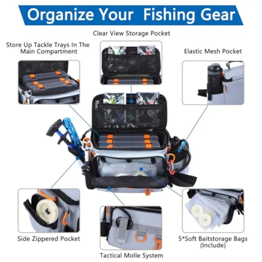 Fishing Tackle Bags with Tackle Box, Waterproof, Padded Shoulder Strap, Gear Storage, Fish Bag with 136 Pcs Fishing Lures Kit,