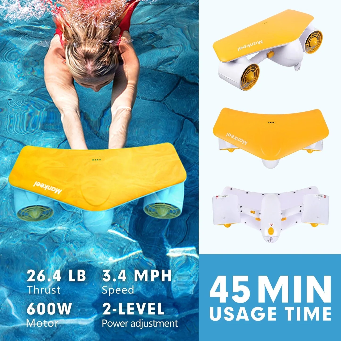 Mankeel Electric Underwater Sea Scooter 50m Waterproof 2 Speed 28lbs Thrust Diving Booster for Snorkeling Pool Adult Water Sport Summer Fun Activities