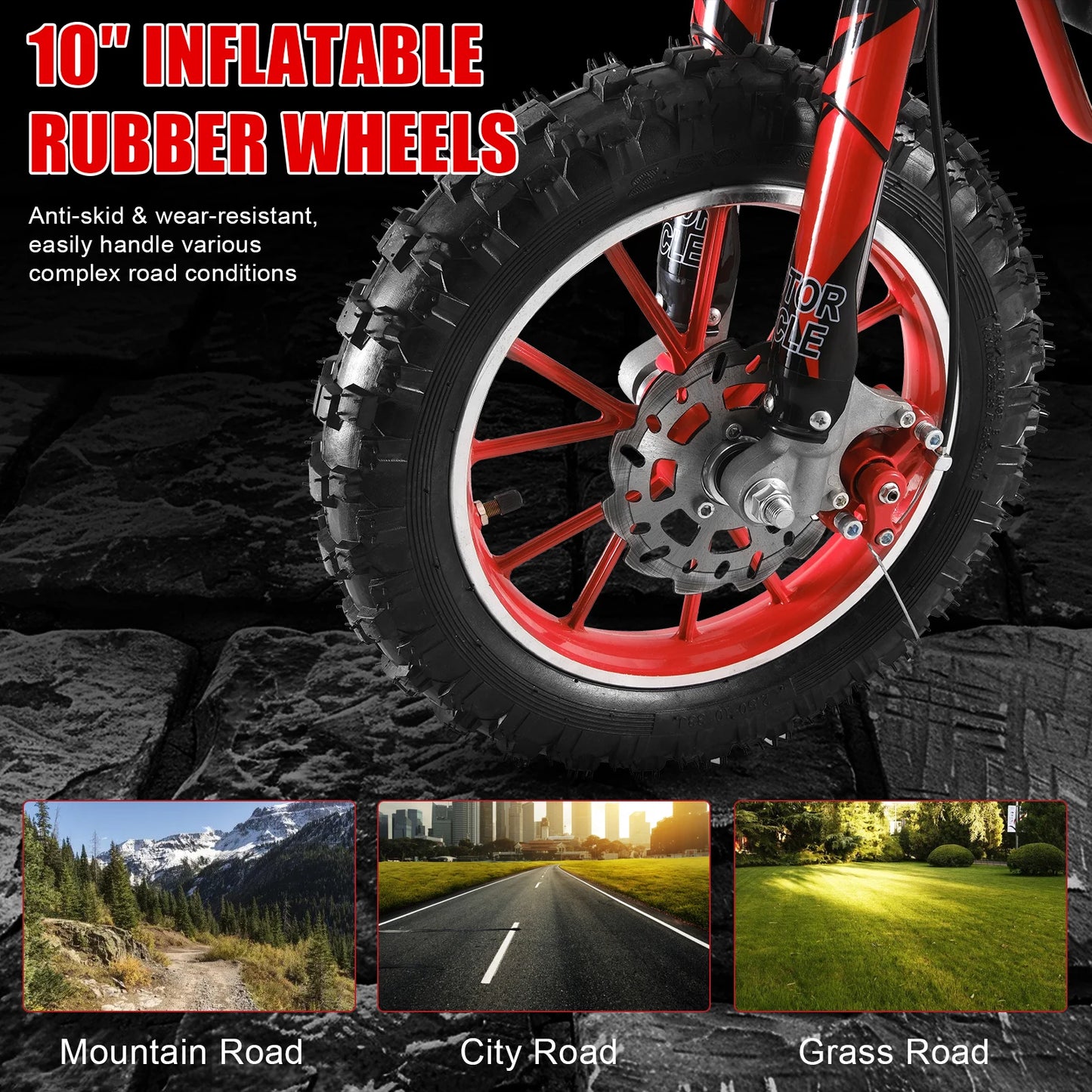 49cc 2-Stroke Dirt Bike, Gas Power Motocross, Off Road Mini Motorcycle with Front Rear Disc Brakes, Max Speed 30KM/H (Red)