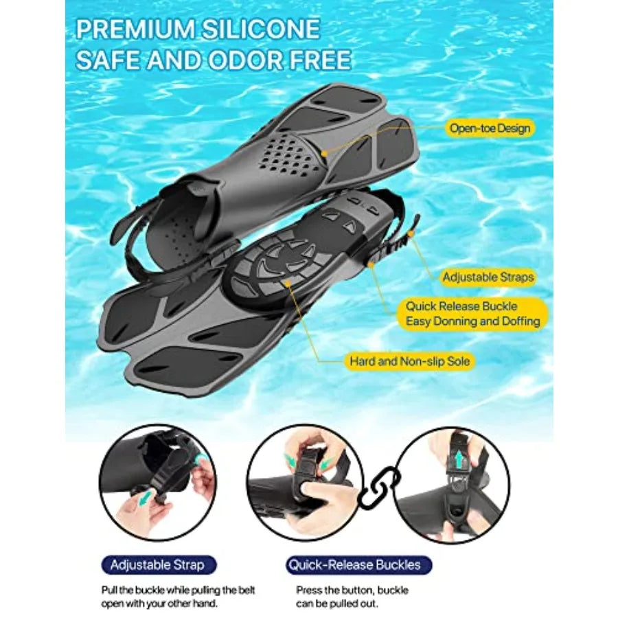 Snorkeling Gear for Adults Men Women, 4 in 1 Snorkel Set with Panoramic View Diving Mask Anti-Fog Anti-Leak, Dry Top Snorkel, F