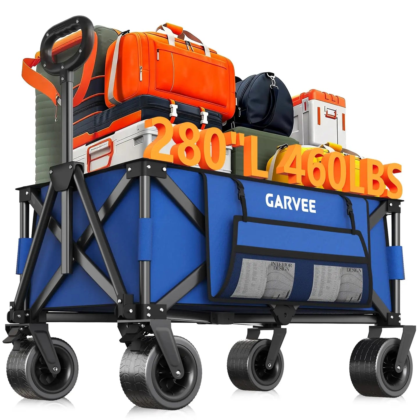 Heavy Duty Foldable Wagon Cart 460lbs 280L With Wide All-Terrain Wheels, Brakes, Cover & Strap For Shopping Camping