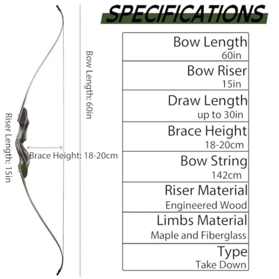60 Recurve Bow and Arrow Set for Adults 30-50lbs Right Hand Wooden Hunting Bow for Outdoor Hunting and Practice Standard Target