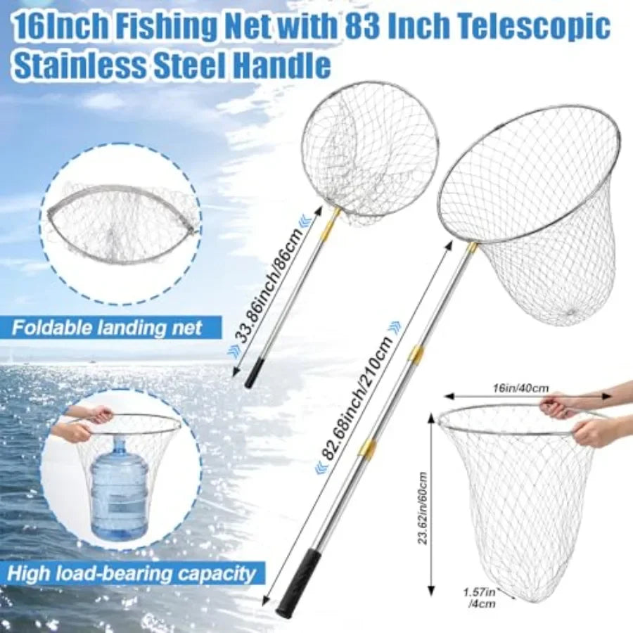 Boat and pier fishing application: stainless steel handle heavy duty fishing net, black, foldable lightweight design with 83-in