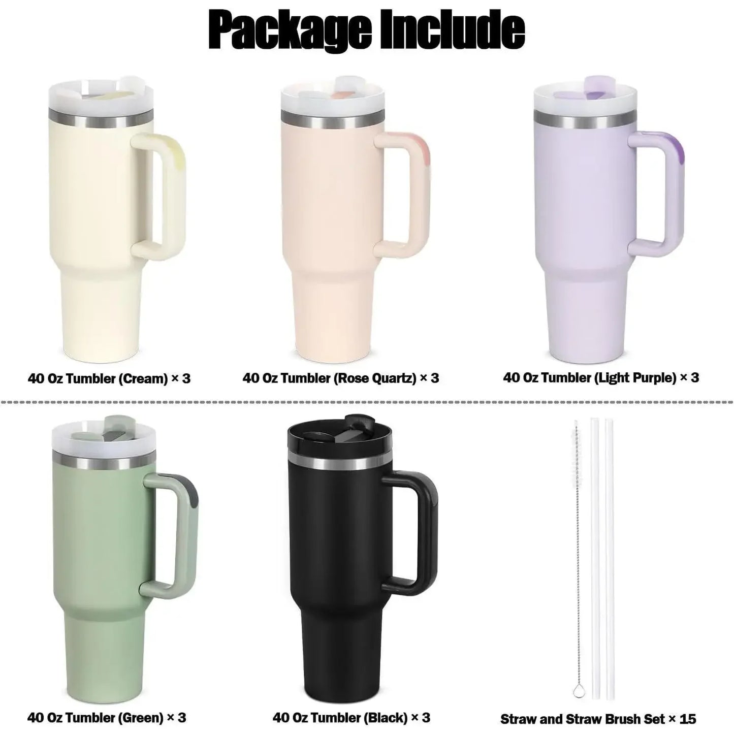 15 Pack 40 Oz Tumbler with Handle and Straw Bulk, 40 Oz Tumbler Stainless Steel Vacuum Insulation Keep Hot and Cold, 40  Travel