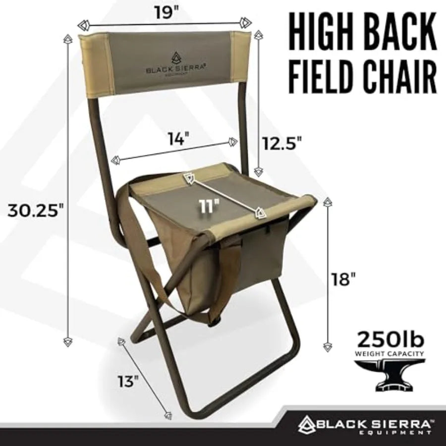 Black Sierra Folding Hunting Stool w/Under Seat Storage Pouch and Carry Strap, Lightweight Portable Hunt Chair w/Backrest, Heav