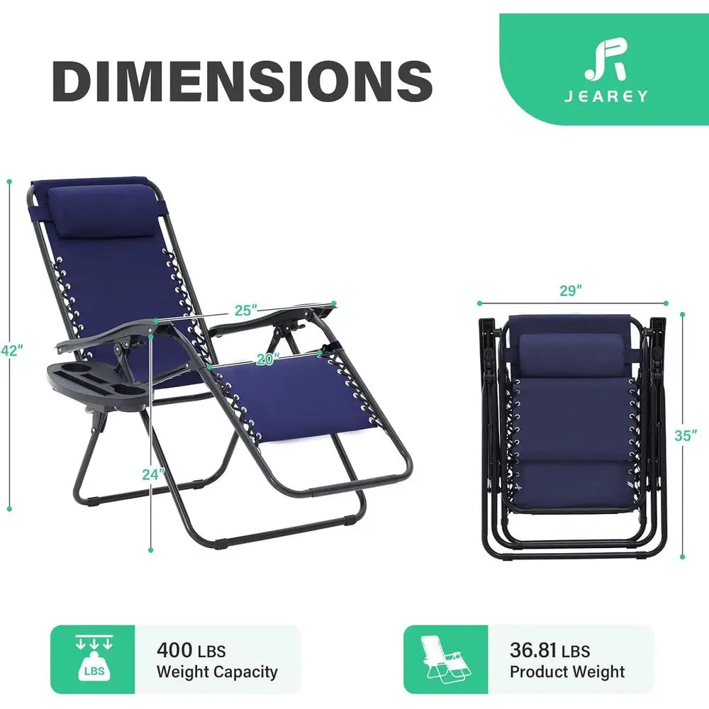 Zero Gravity Lounge Chairs Set o 2, Adjustable Steel Mesh Recliners with Pillows and Cup Holder Trays or Patio, Garden, Beach, N